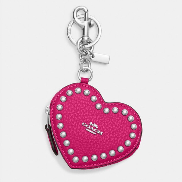 NWT-Coach-Heart 💖 Zip Keychain Pouch-Leather-Cerise/Pink-Pebbled Leather-Rivets - Picture 1 of 3